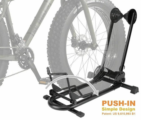 Bike Floor Parking Rack Stand for Mountain, Road, and Fat Bikes, Dope Push In Design with simple push-in mechanism and black steel frame