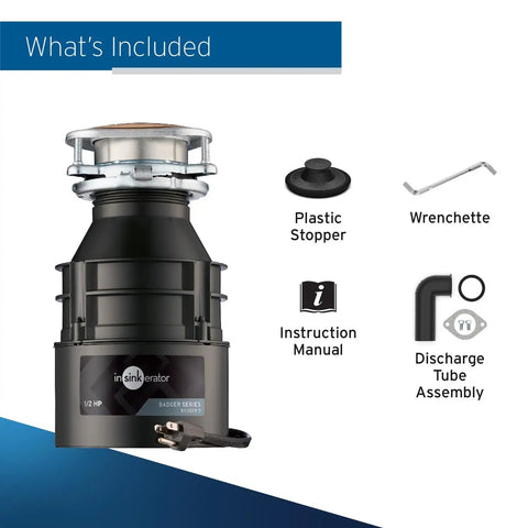 Half Horsepower Continuous Feed Garbage Disposal With Power Cord, Compact Badger Series Food Waste Disposer with accessories