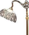 Tiffany Style Floor Lamp With White Crystal Stained Glass, Arched Gooseneck Design, antique bronze base detail view