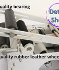 Detailed view of the No Sweat Semi Automatic Round Bottle Labeling Machine Built Tough showing high quality rubber leather wheel and bearing.