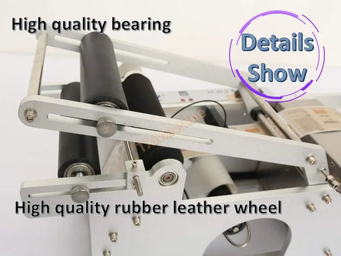 Detailed view of the No Sweat Semi Automatic Round Bottle Labeling Machine Built Tough showing high quality rubber leather wheel and bearing.
