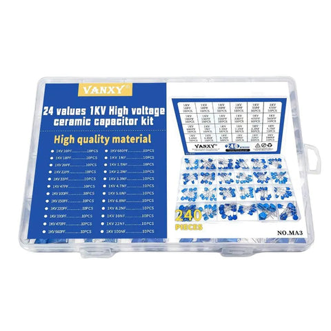 High Voltage Ceramic Disc Capacitor Kit, 1KV DIP, 240 Pieces, 24 Values From 10pF To 100nF, packaging box