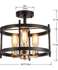 Farmhouse 3 Light Semi Flush Mount Ceiling Light Fixture in Matte Black and Gold Finish with Openwork Circle Frame shown sideways with dimensions