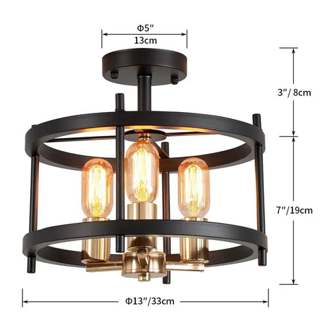 Farmhouse 3 Light Semi Flush Mount Ceiling Light Fixture in Matte Black and Gold Finish with Openwork Circle Frame shown sideways with dimensions