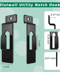 Heavy Duty Slatwall Notch Hook Set, stainless steel, 12 pack, shown with dimensions, designed for photo frames and artwork hanging.