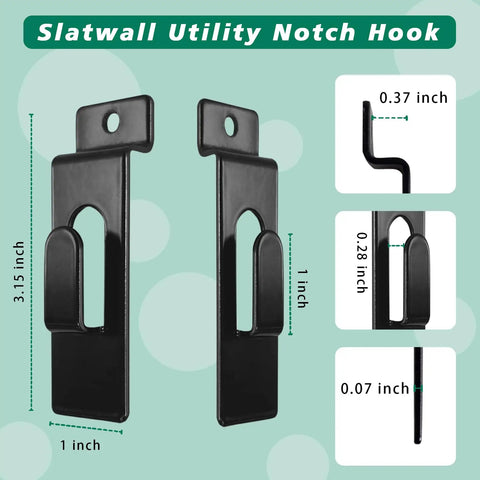 Heavy Duty Slatwall Notch Hook Set, stainless steel, 12 pack, shown with dimensions, designed for photo frames and artwork hanging.