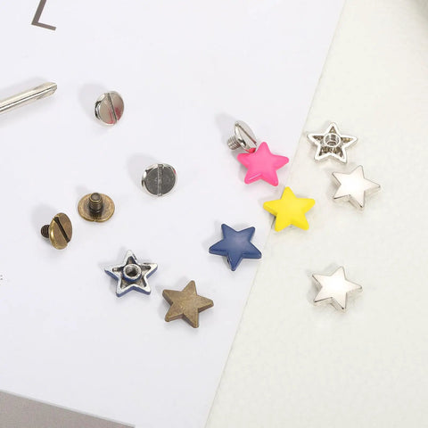 Solid 12mm Yellow Metal Star Rivets And Screw Back Studs, Rock Solid Alloy Pentagon Nailheads for Leather Craft, colorful studs and screws