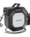 Five Eighth Inch By One Hundred Foot Heavy Duty Retractable Garden Hose Reel With Wall Mount, Self Rewind System, and Nozzle attached