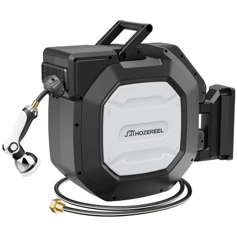 Five Eighth Inch By One Hundred Foot Heavy Duty Retractable Garden Hose Reel With Wall Mount, Self Rewind System, and Nozzle attached