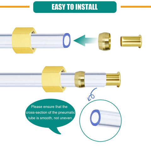 Brass compression ferrule kit for hose/tube; six sizes (1/8–1/2 in OD) with nut and ferrule shown in installed view.