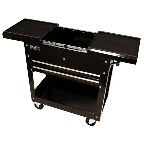 27-Inch Two-Drawer Slide-Top Locking Service Cart Black Beefy Heavy-Duty Professional Series Utility Cart With Full Extension Gas Struts Large Push Handle Bottom Shelf For Workshops Garages And Shops.