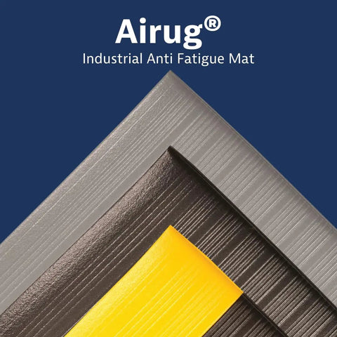 Anti Fatigue Floor Mat 3 By 12 Feet With Beveled Edges Long Ribbed Surface For Extra Traction Enhanced Slip Resistance Closed Cell PVC Foam To Cut Leg Strain In Dry Industrial And Commercial Workspaces Black, gray, and yellow mats overlapping