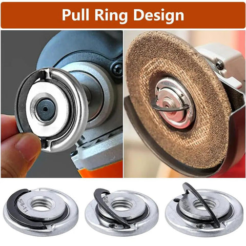 Job Ready Drop In Quick Change Angle Grinder Flange Lock Nuts showing pull ring design and 5/8-11 inch thread grip for easy disc swaps.