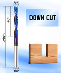 HQMaster downcut router bit with 1/8" cutting diameter; blue spiral tungsten carbide cutter shown beside a wooden U-shaped block.