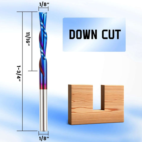 HQMaster downcut router bit with 1/8" cutting diameter; blue spiral tungsten carbide cutter shown beside a wooden U-shaped block.