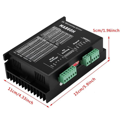 Side view of MA860H 200KHz Stepper Motor Driver with dimensions, showing connections and labels, designed for 2 phase 86 motors.