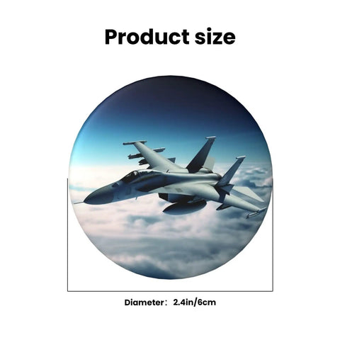 Fighter Jets Button Pins 1 Pc 2.4 Inch Round Metal Badges With Personalized Photo Pins featuring a fighter jet design in the sky.