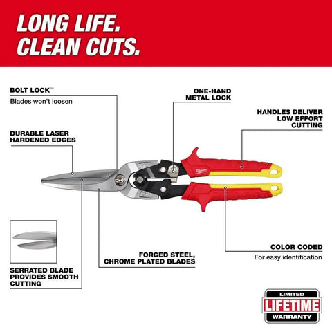 Heavy Duty Long Cut Aviation Snips With Rock Solid Chrome Blades Bolt Lock Tech And Comfy Cushion Grips For Smooth Shear Cuttin No Sweats Sheet Metal Work Jobsite Ready Gear Featuring Safe One Hand Lock And Bright Painted Handles, featuring bolt lock and metal lock system.