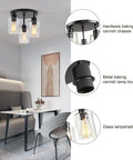 Three Light Industrial Farmhouse Black Matte Ceiling Light Fixture With Clear Glass Shades Semi Flush Mount shown in dining room.
