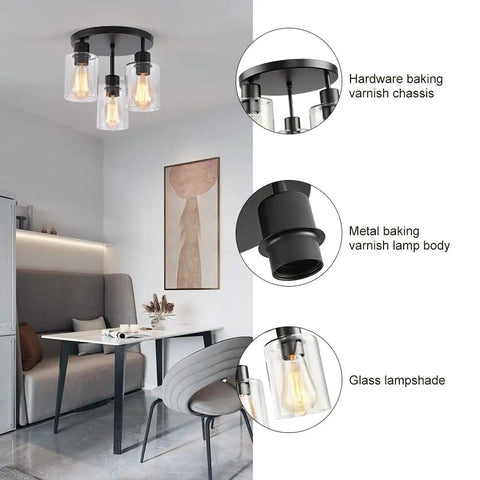 Three Light Industrial Farmhouse Black Matte Ceiling Light Fixture With Clear Glass Shades Semi Flush Mount shown in dining room.