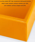 Close-up of heavy duty spill containment pallet corner showcasing yellow leakproof coating and high-temperature baking process