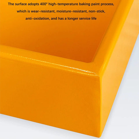 Close-up of heavy duty spill containment pallet corner showcasing yellow leakproof coating and high-temperature baking process