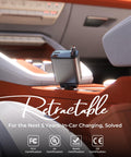 Retractable USB C Car Charger 75W Fast 4 In 1 Dual Type C in car console with certifications displayed