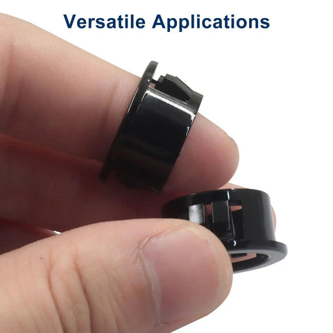 Close-up of Three Quarter Inch Black Snap In Bushing Set For Wiring, Tubing And Cable Holes, Nylon Plastic Snap In Locking Grommets