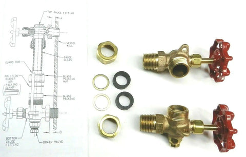 Sight Glass Water Gauge Valve Set for 5/8 Inch Diameter Steamaster Boilers Brass with Aluminum Wheels, diagram included
