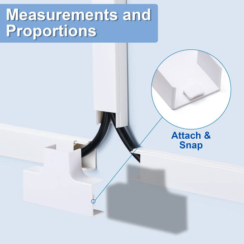Close-up of 94.5 Inch Cord Hider Kit for Walls and TV Wires, showing T fitting and cable concealment in use with snap attachment.