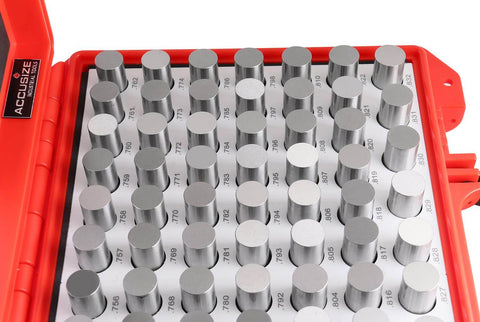 82-piece steel 0.751 to 0.832 Inch Plug Pin Gauge Set in red case, Minus Class ZZ Tolerance, M5 Negative for precision machining.