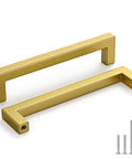 Two modern square stainless steel drawer pulls in brushed brass finish with mounting screws, part of 25 Pack Six And A Quarter Inch Brushed Brass Cabinet Handles Set.