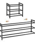 Expandable Shoe Rack With Adjustable Width From 18.5 To 48 Inches, 3 Tier Metal Shoe Organizer, Black, shown collapsed and extended