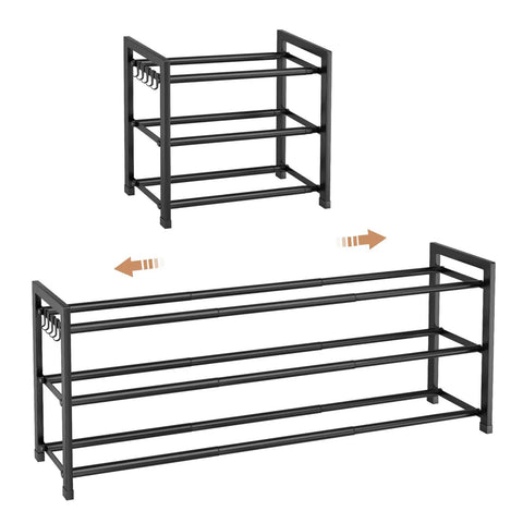 Expandable Shoe Rack With Adjustable Width From 18.5 To 48 Inches, 3 Tier Metal Shoe Organizer, Black, shown collapsed and extended