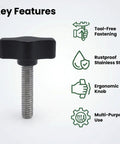 Top Shelf 1/4-20 X 1 1/4 Inch Thumb Screws With Black Knurled Aluminum Knobs For Camera Rig and Workshop, showcasing ergonomic knob feature.