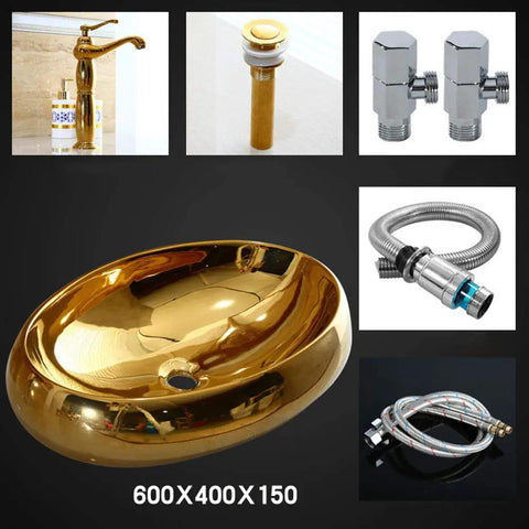 Heavy Duty Ceramic Vessel Sink For Modern Bathrooms With Included Faucet Dope Gold Oval Basin, drain and plumbing accessories.