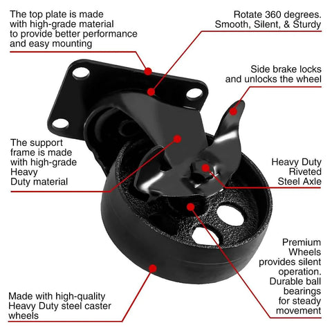 All Black Metal Swivel Plate Caster Wheels With Brake Lock, Heavy Duty 4 Inch Iron, showcasing features and brake mechanism.