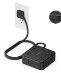 All-In-One Surge Protector Power Strip With 900J Surge Protection, 8 AC Outlets Plus USB C and USB A Ports, 5 Ft Flat Plug, 1250W Max, 11 Devices Charging Station, Black wall-mounted power strip with flat cord and USB ports