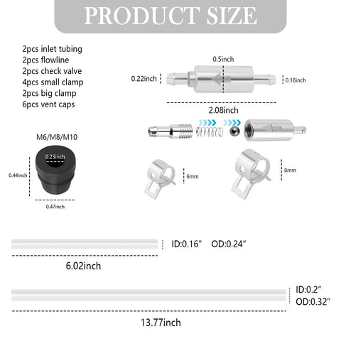 Diagrams and measurements of 2 Set Brake Bleeder Kit for Cars and Motorcycles, Universal Brake Fluid Bleeder Tool components.
