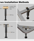 Two installation methods for adjustable metal bed support legs, showing bed frame and leg components. Kick Your Saggy Bed Back To Life With Adjustable Metal Bed Support Legs And Heavy Duty Risers Six Piece Kit Reinforces Weak Slat Frames Lifts Mattress Base Seven Point Three To Eleven Inches For Steady Sleep.