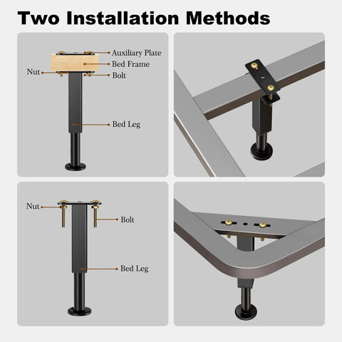 Two installation methods for adjustable metal bed support legs, showing bed frame and leg components. Kick Your Saggy Bed Back To Life With Adjustable Metal Bed Support Legs And Heavy Duty Risers Six Piece Kit Reinforces Weak Slat Frames Lifts Mattress Base Seven Point Three To Eleven Inches For Steady Sleep.