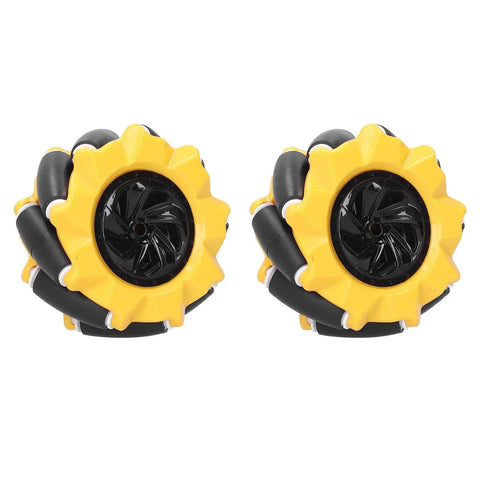 Omni Directional Mecanum Wheel Set For DIY Robot Car Projects with yellow rubber-coated surface, 80mm diameter, ABS construction.