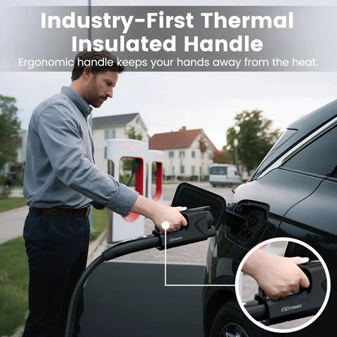 Nacs To Ccs1 Adapter With Secure Interlock For Tesla Superchargers, man using ergonomic insulated handle while charging EV.
