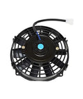 Universal 8 Inch Radiator Cooling Fan With Reversible Blades And A Hella Strong 1700 Cfm Airflow shown from the front, with black frame and blue button.