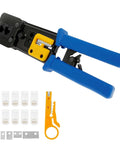 RJ45 Crimp Tool Set For Ethernet Cabling Pro Grade Workhorse Crimping Tool With Mini Wire Stripper Handles 6P 8P Crystal Heads RJ11 RJ45 Includes 10 Crystal Head Connectors And 5 Replacement Blades Blue Twenty One Point Nine Centimeters