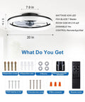 Smooth Ride 20 Inch Low Profile Ceiling Fan With Stepless Dimmable Led Light And Smart App Remote, Quiet Six Speed Reversible Motor In Matte Black components and dimensions