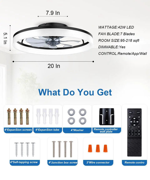 Smooth Ride 20 Inch Low Profile Ceiling Fan With Stepless Dimmable Led Light And Smart App Remote, Quiet Six Speed Reversible Motor In Matte Black components and dimensions