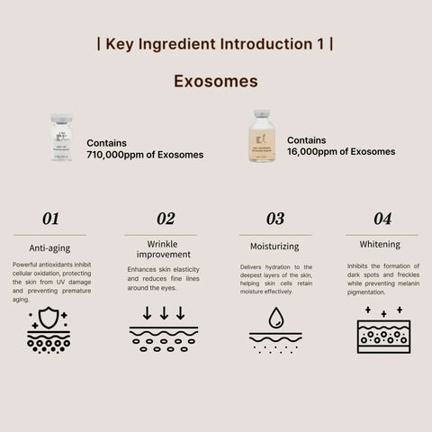 Stem Cell Exosome Skin Booster Kit ingredients highlighting exosome content and benefits such as anti-aging, wrinkle improvement, moisturizing, whitening.