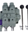 Front view of Beefy Heavy Duty Hydraulic Valve For Twin Spool Systems With 25 GPM Flow, cast iron, lever handles included