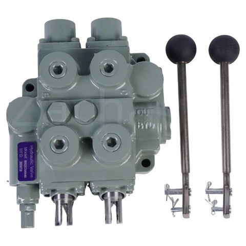Front view of Beefy Heavy Duty Hydraulic Valve For Twin Spool Systems With 25 GPM Flow, cast iron, lever handles included